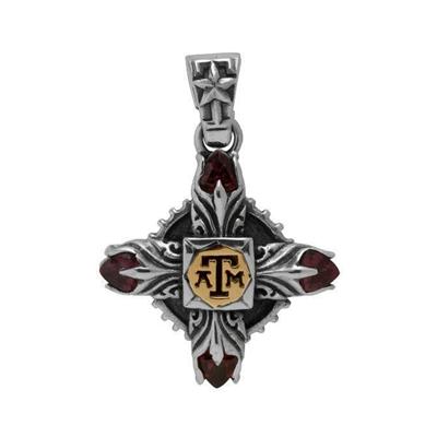 Texas A&M pendant with gear and flower design in sterling silver, gold, and maroon garnet.                                                                                                                                                                