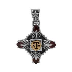 Texas A&M pendant with gear and flower design in sterling silver, gold, and maroon garnet.                                                                                                                                                                