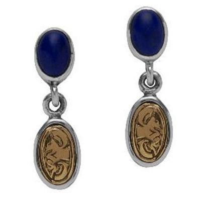 Auburn sterling silver and 18K gold lapis lazuli earrings with tiger eyes.                                                                                                                                                                                