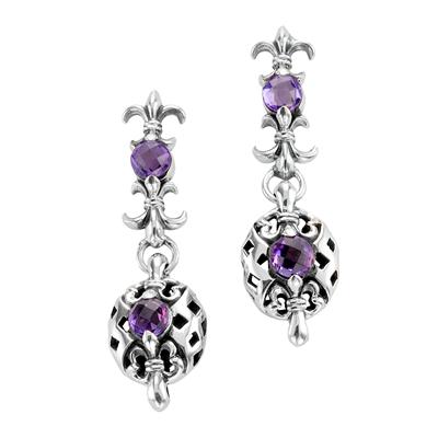 Silver cage earrings with fleurs-de-lis and amethysts.  Arista.                                                                                                                                                                                           