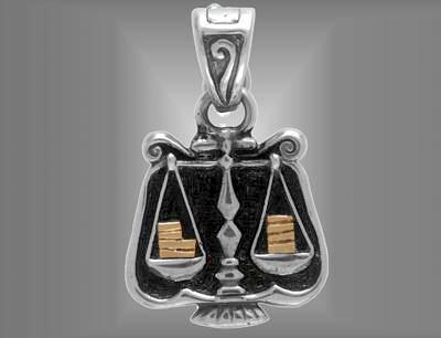 Sterling silver Libra Scales charm pendant weighing 18K gold bars.                                                                                                                                                                                        