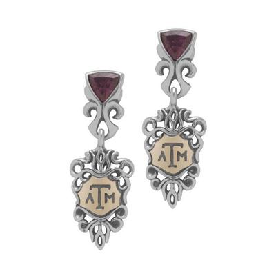 Texas A&M earrings with gold and maroon gemstones.                                                                                                                                                                                                        
