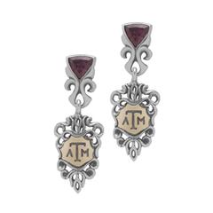 Texas A&M earrings with gold and maroon gemstones.                                                                                                                                                                                                        