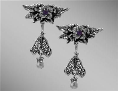 Henbane amethyst silver earrings with broomstick & cauldron                                                                                                                                                                                               