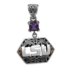 Ornate silver LSU pendant with amethyst gemstone.                                                                                                                                                                                                         