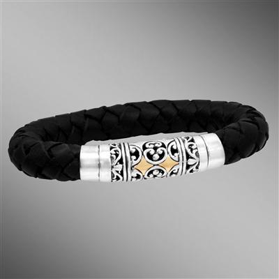 Thick black leather silver bracelet with gold.  Arista.                                                                                                                                                                                                   