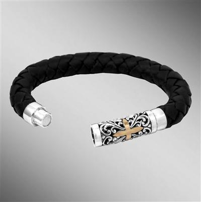 Black braided leather bracelet with magnetic clasp. Arista.                                                                                                                                                                                               