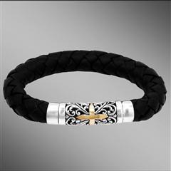 Thick braided leather silver bracelet with gold cross.                                                                                                                                                                                                    