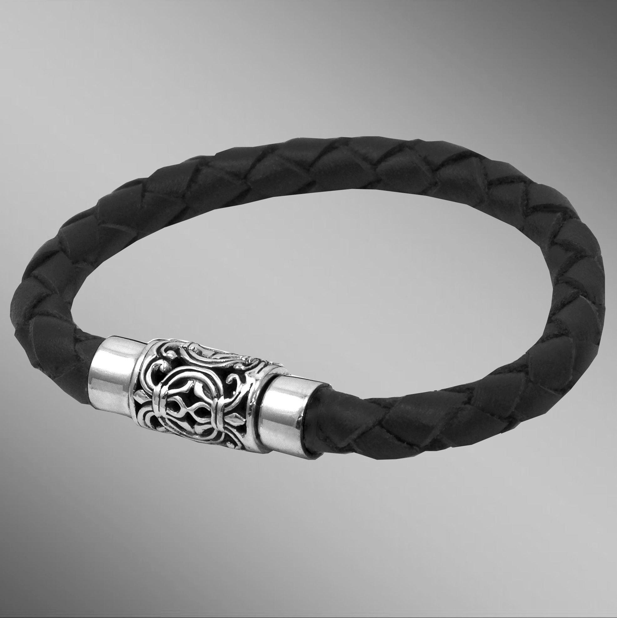 Braided black leather bracelet with magnetic silver clasp.                                                                                                                                                                                                