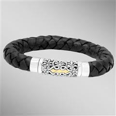 Thick black braided leather bracelet with silver and gold magnetic clasp. Arista.                                                                                                                                                                         