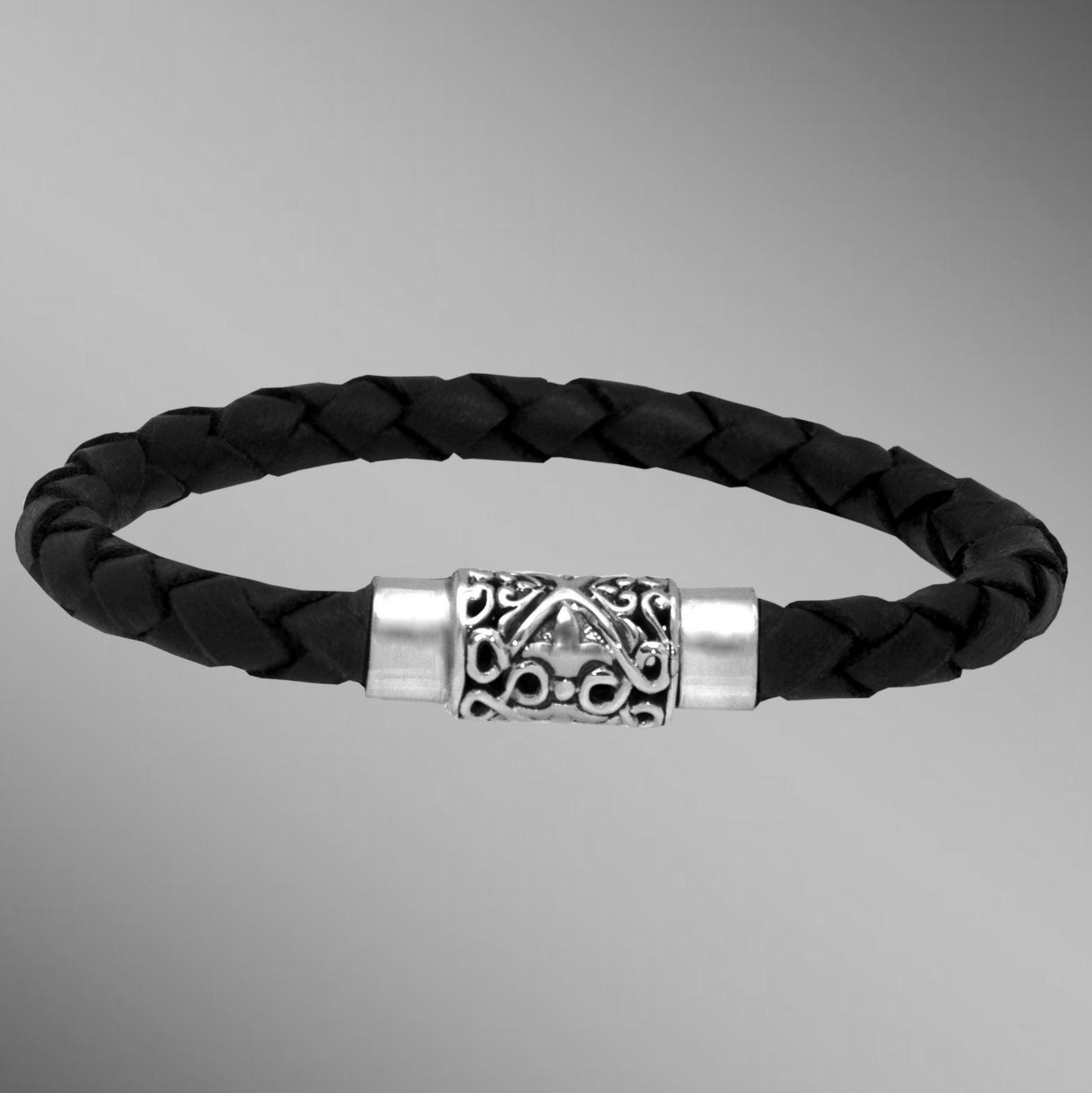 Black woven leather bracelet with sterling silver clasp.                                                                                                                                                                                                  