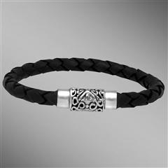 Black woven leather bracelet with sterling silver clasp.                                                                                                                                                                                                  
