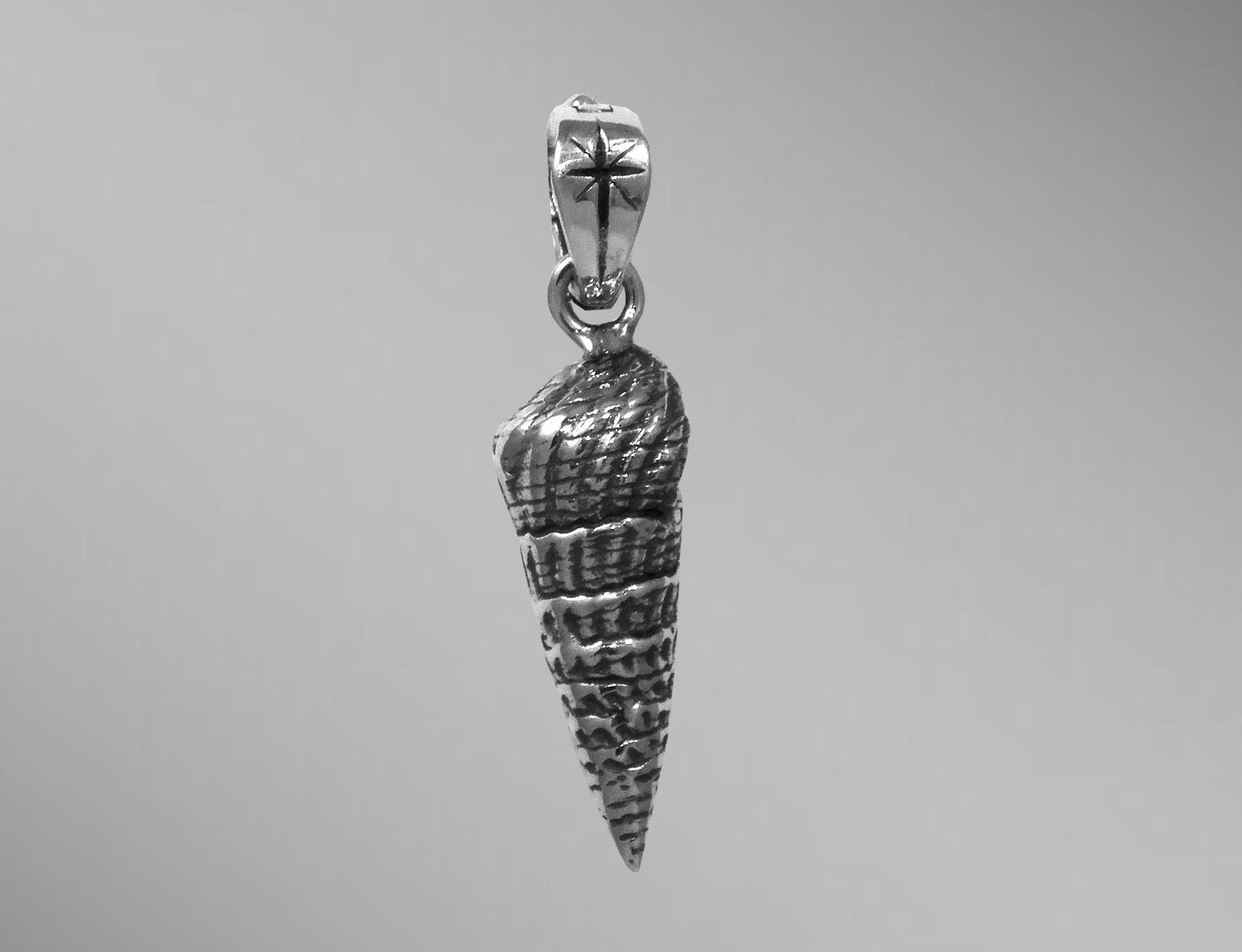 Antiqued silver auger sea shell pendant.                                                                                                                                                                                                                  