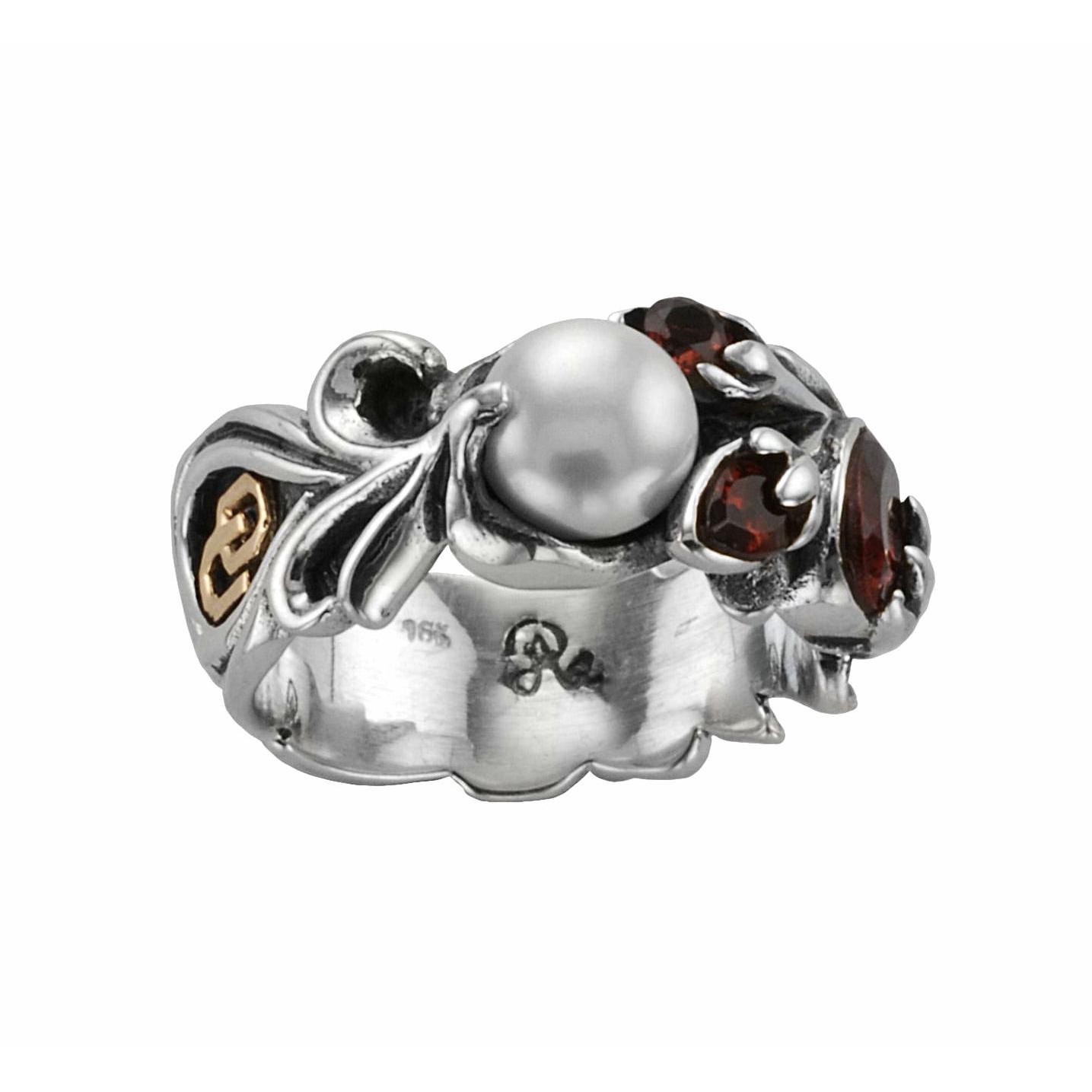 Oklahoma Sooners ring in sterling silver with pearl, crimson garnets, and 18K gold OU.                                                                                                                                                                    