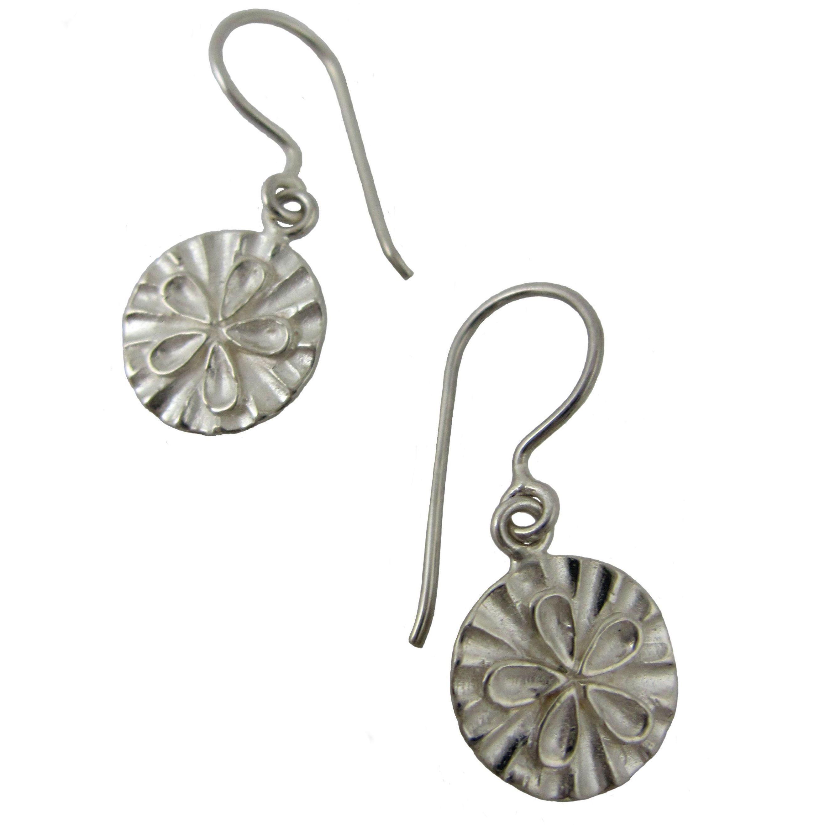 Silver sand dollar earrings.                                                                                                                                                                                                                              