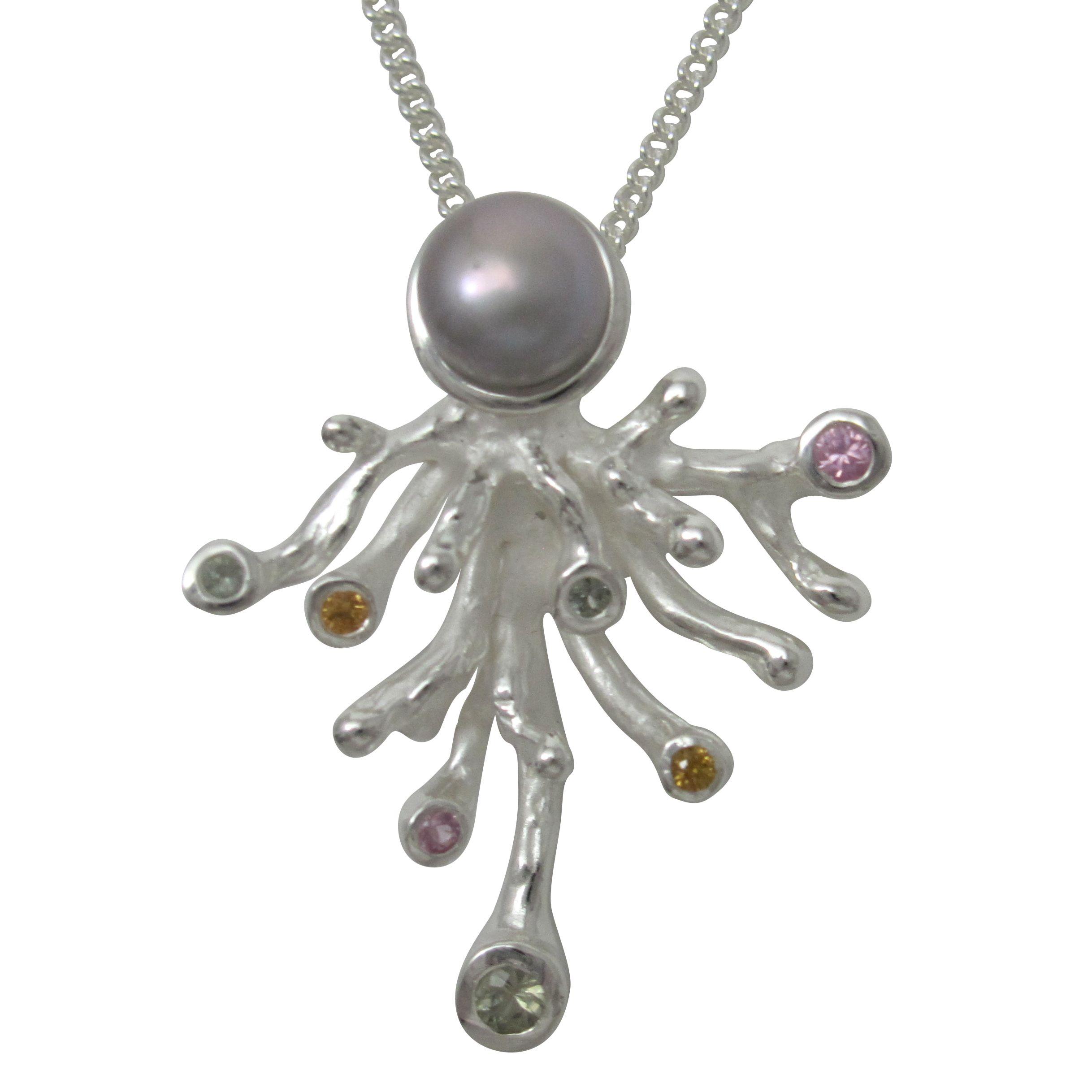 Silver coral pendant with pastel sapphires and grey pearl.                                                                                                                                                                                                