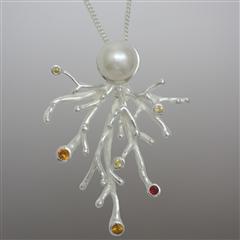 Silver coral necklace with pearl and sapphires                                                                                                                                                                                                            