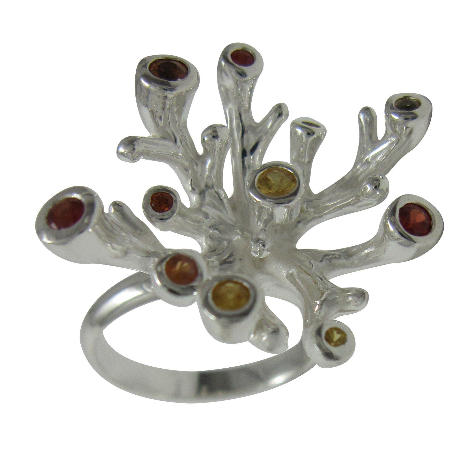 Silver coral ring with fancy sapphires.                                                                                                                                                                                                                   