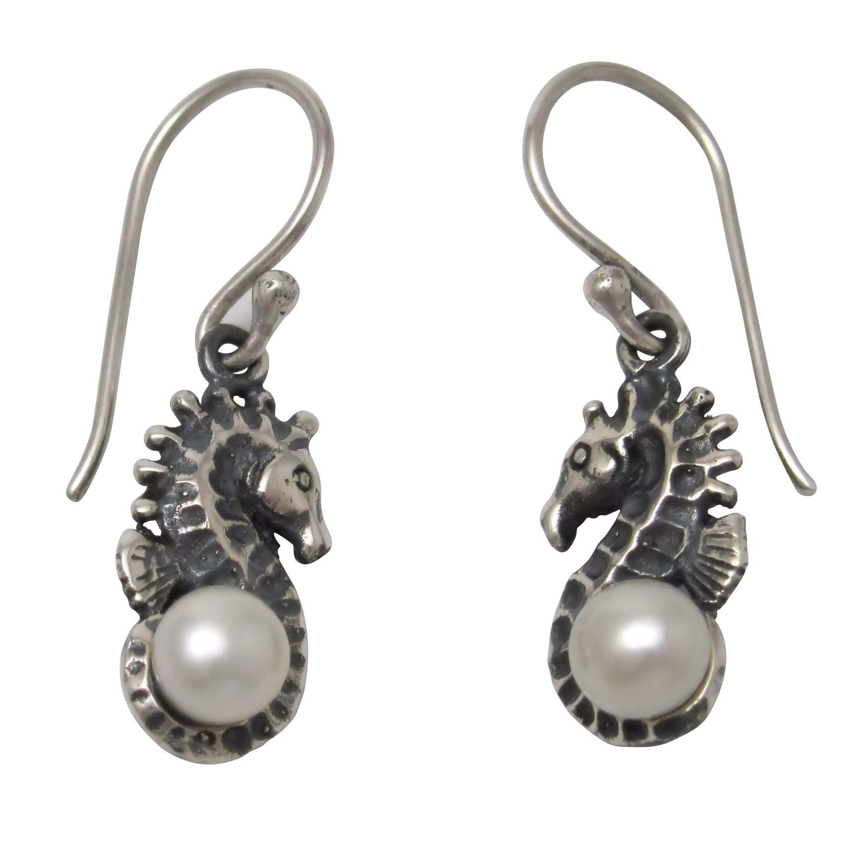 Sterling silver seahorse earrings with pearls.                                                                                                                                                                                                            