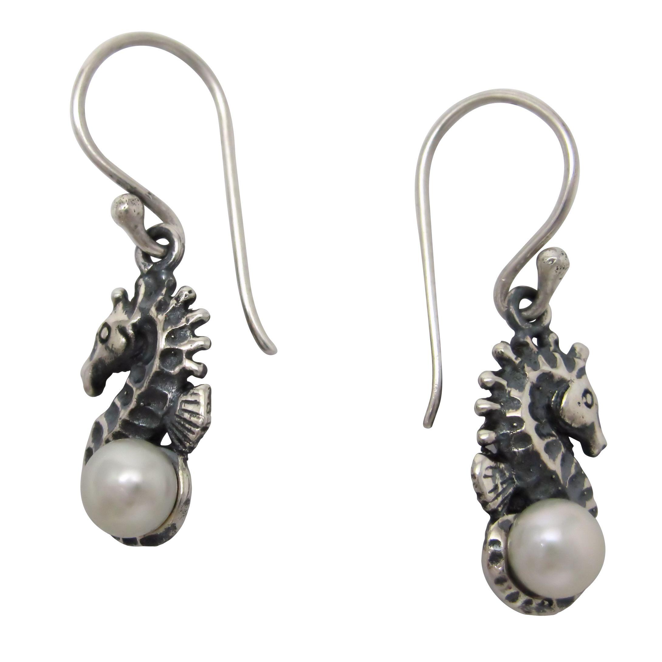 Sterling silver seahorse earrings with pearls.                                                                                                                                                                                                            