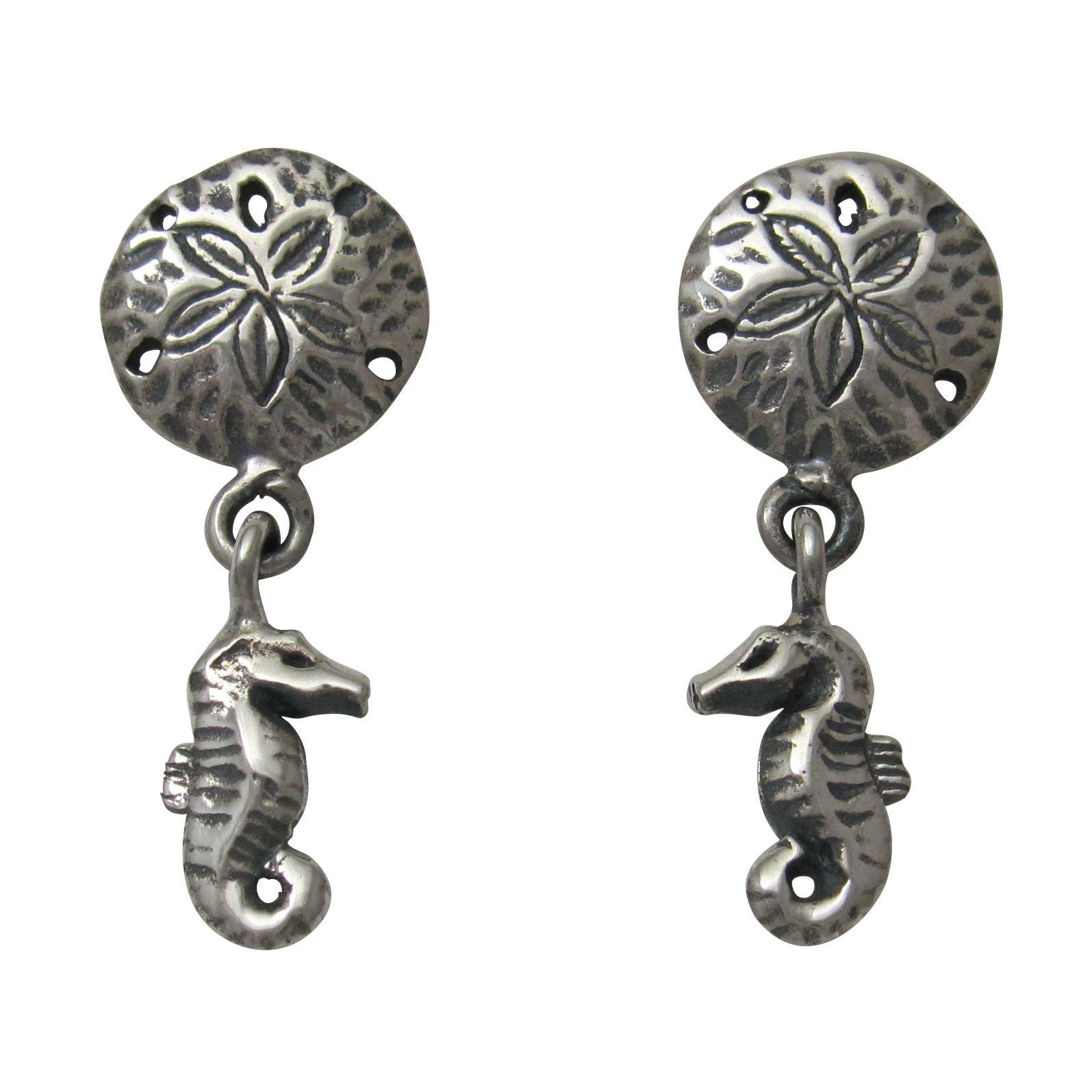 Seahorse earrings with sand dollars.                                                                                                                                                                                                                      